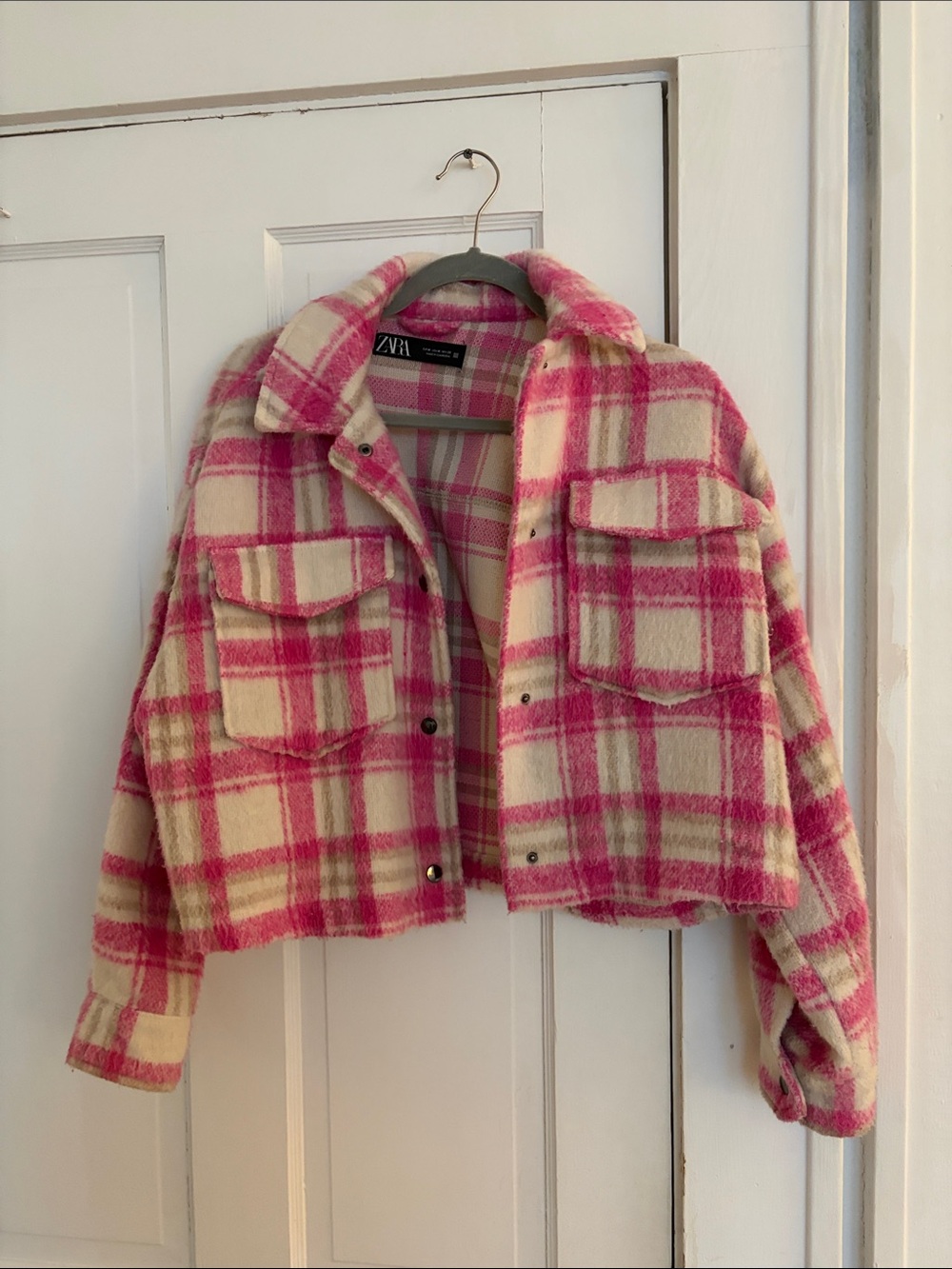 Zara Pink and Cream Plaid Cropped Jacket